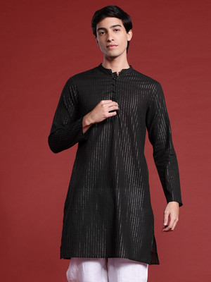ANOUK Men Striped Straight Kurta(Black)