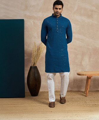 ANOUK Men Floral Print Straight Kurta(Blue)