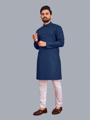 allan peter Men Solid Straight Kurta(Blue)