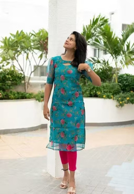 shreambe fashion Women Printed A-line Kurta(Light Blue)