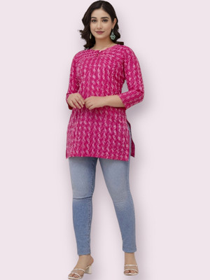 Khwaish Women Printed Anarkali Kurta(Pink)