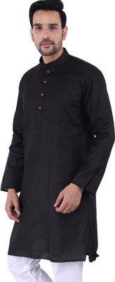 HouseOfCommon Men Solid Asymmetric Kurta(Black)