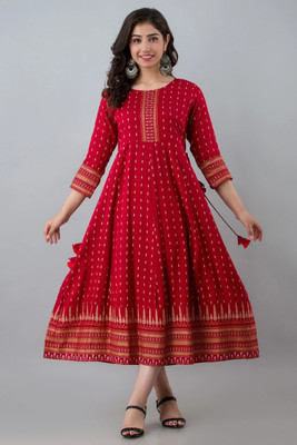 Bairaj Women Printed Anarkali Kurta(Maroon)