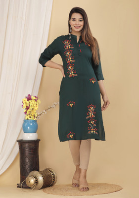 Mehsoos Fashion Women Embroidered Straight Kurta(Dark Green)