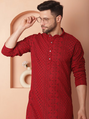 Jompers Men Embroidered Straight Kurta(Maroon)