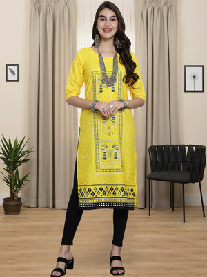 1 Stop Fashion Women Printed A-line Kurta(Yellow)