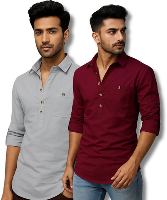 EchoWear Men Solid Straight Kurta(Grey, Maroon)