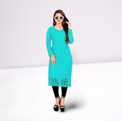 URUFASHIIONMART Women Self Design Straight Kurta(Blue)