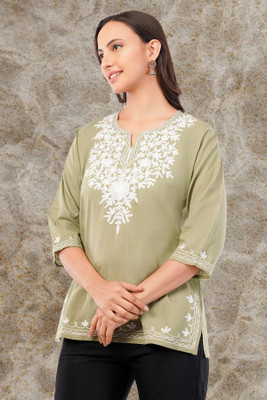 Kronia Women Embroidered Tunic Kurta(Light Green)