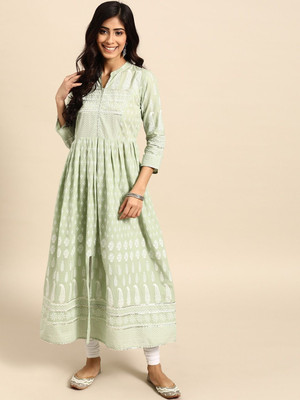 ANOUK Women Printed Anarkali Kurta(Green)