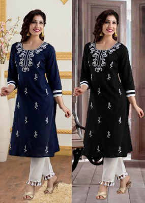 SISTO Women Chikan Embroidery Straight Kurta(Multicolor)