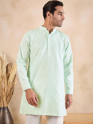 ANOUK Men Floral Print Straight Kurta(Green)