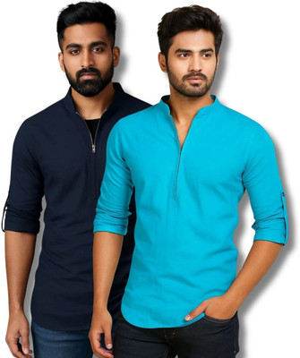 EchoWear Men Solid Straight Kurta(Dark Blue, Blue)