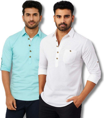 COTTONCHHAP Men Solid Straight Kurta(Light Blue, White)