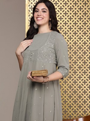 House of Pataudi Women Embellished A-line Kurta(Grey)