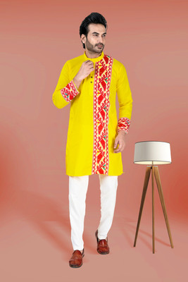 KNETLY Men Self Design Ethnic Dress Kurta(Yellow)