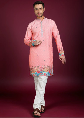 TRANDTIDE Men Printed Straight Kurta(Pink)