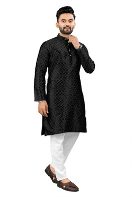 Shree Dutt Creation Men Self Design Straight Kurta(Black)