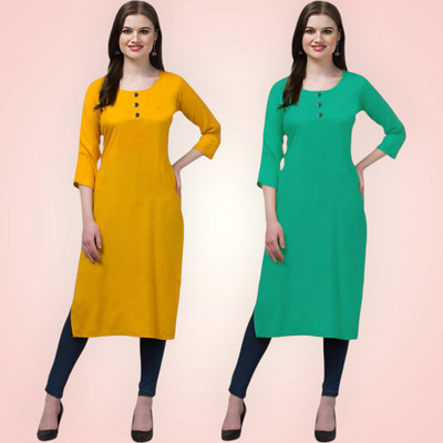 Coft Women Solid Straight Kurta(Yellow, Green)