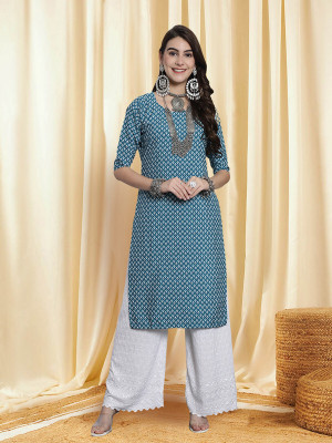 EthnicBasket Women Printed A-line Kurta(White, Light Blue)