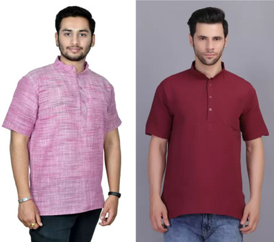 isdfabric Men Self Design Straight Kurta(Maroon, Brown)