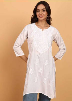 a h embroidery Women Chikan Embroidery Straight Kurta(White)