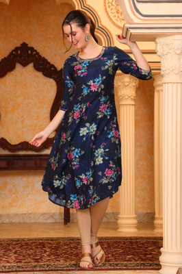 Aurelia Women Floral Print A-line Kurta(Blue)