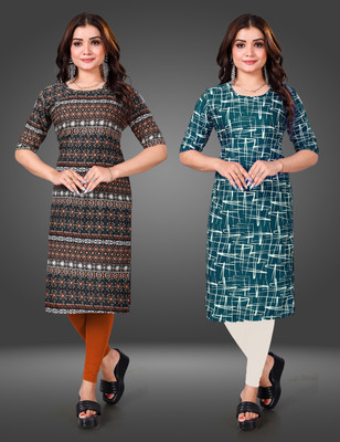 MOBHISA Women Printed Straight Kurta(Light Blue)