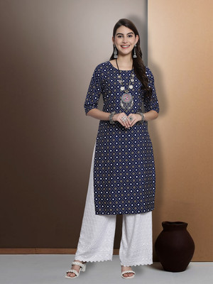EthnicBasket Women Printed Straight Kurta(Dark Blue)