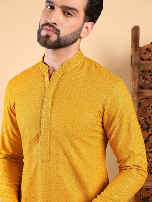 House of Pataudi Men Embroidered Straight Kurta(Yellow)