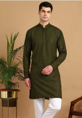 COLLARLINE Men Chikan Embroidery Straight Kurta(Dark Green)