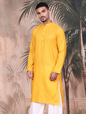 Sangria Men Checkered Straight Kurta(Yellow)