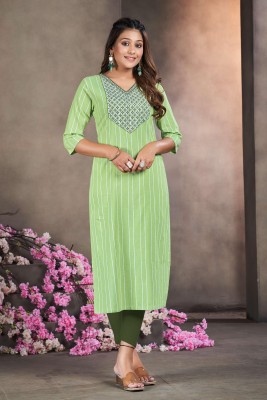 Nir Fashion Women Striped Straight Kurta(Light Green)