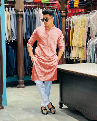 romj Men Chikan Embroidery Straight Kurta(Orange)