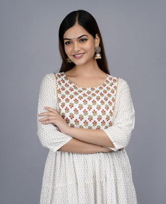 SMIEN Women Printed Anarkali Kurta(Silver)