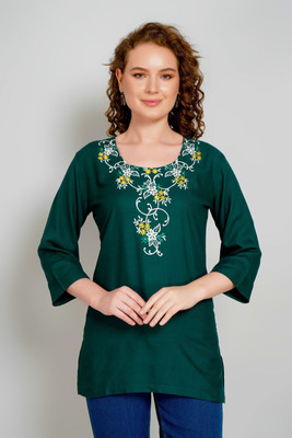 Sufiana Women Embroidered Tunic Kurta(Dark Green)
