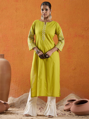 Indo Era Women Embroidered Straight Kurta(Green)