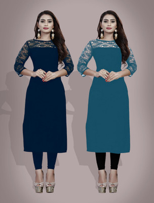 maaheshvi Women Self Design Straight Kurta(Blue)