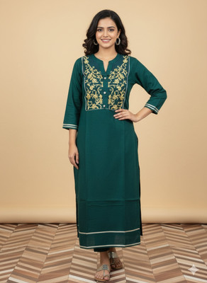 ZODO Women Embroidered, Solid A-line Kurta(Green)