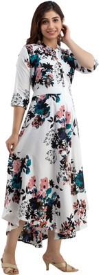 flexflow Women Printed Straight Kurta(White)