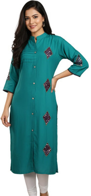 Anabia Trendy Fashion Women Embroidered, Geometric Print, Solid Straight Kurta(Purple)