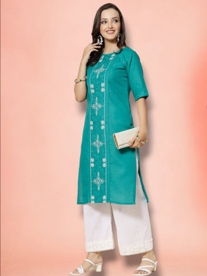 VINH FASHION Women Embroidered Straight Kurta(Red)