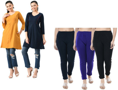 IndiWeaves Women Solid Straight Kurta(Orange, Dark Blue)