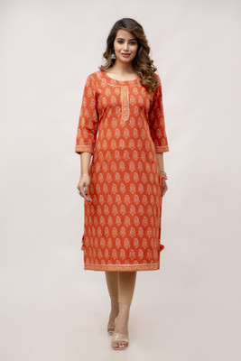 Lee Moda Women Floral Print Straight Kurta(Orange)