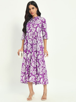 ASHRU Women Floral Print Flared Kurta(Purple)