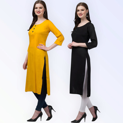 Coft Women Solid Straight Kurta(Black, Yellow)