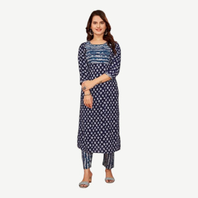 RISHABH FASHION Women Printed Flared Kurta(Blue)