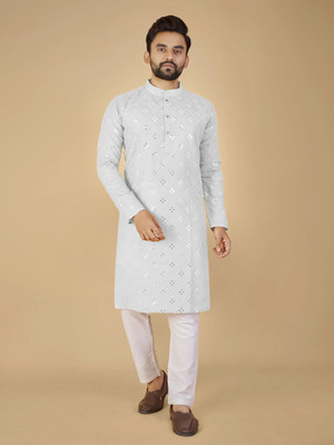 MENSKURTA Men Embellished A-line Kurta(White)