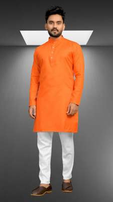 M Biswas Men Solid A-line Kurta(Orange)