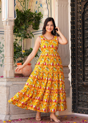 HOC's Women Printed Anarkali Kurta(Brown)